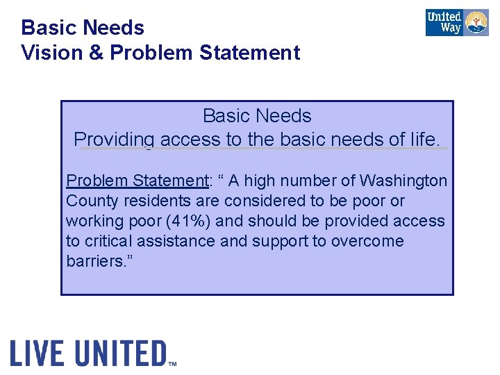 Basic Needs Vision & Problem Statement Basic Needs Providing access to the basic needs