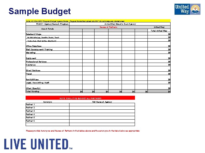 Sample Budget SAVE AS FOLLOWS: Program Budget Agency Name - Program Name then upload