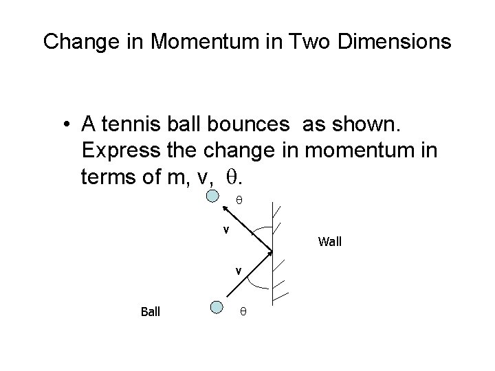  Change in Momentum in Two Dimensions • A tennis ball bounces as shown.