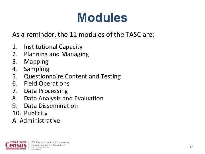 Modules As a reminder, the 11 modules of the TASC are: 1. Institutional Capacity