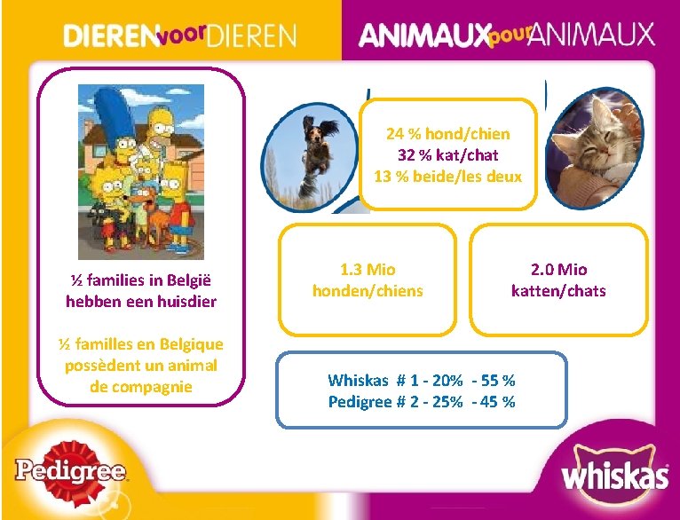 24 % hond/chien 32 % kat/chat 13 % beide/les deux ½ families in België