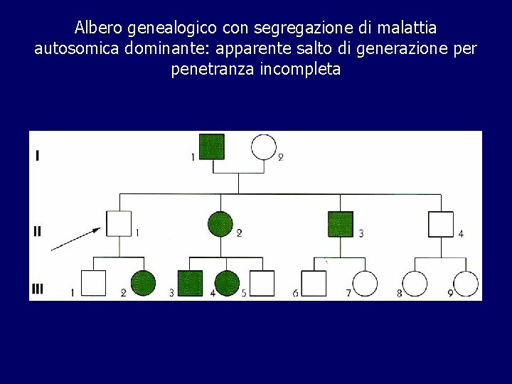 Albero genealogico con segregazione di malattia autosomica dominante: apparente salto di generazione per penetranza