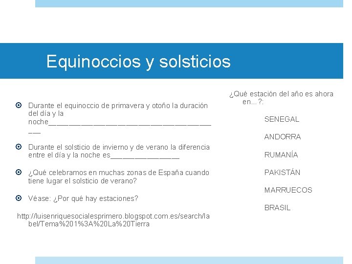 Equinoccios y solsticios Durante el equinoccio de primavera y otoño la duración del día