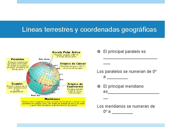 Líneas terrestres y coordenadas geográficas El principal paralelo es ____________ ___ Los paralelos se