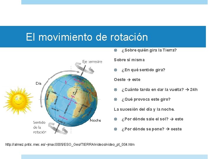 El movimiento de rotación ¿Sobre quién gira la Tierra? Sobre sí misma ¿En qué