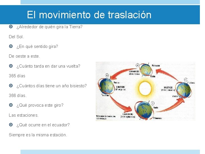 El movimiento de traslación ¿Alrededor de quién gira la Tierra? Del Sol. ¿En qué