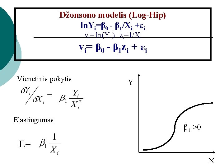 Džonsono modelis (Log-Hip) ln. Yi=β 0 - β 1/Xi +εi vi= ln(Yi ) zi=1/Xi