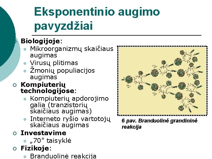 Eksponentinio augimo pavyzdžiai ¡ ¡ Biologijoje: l Mikroorganizmų skaičiaus augimas l Virusų plitimas l