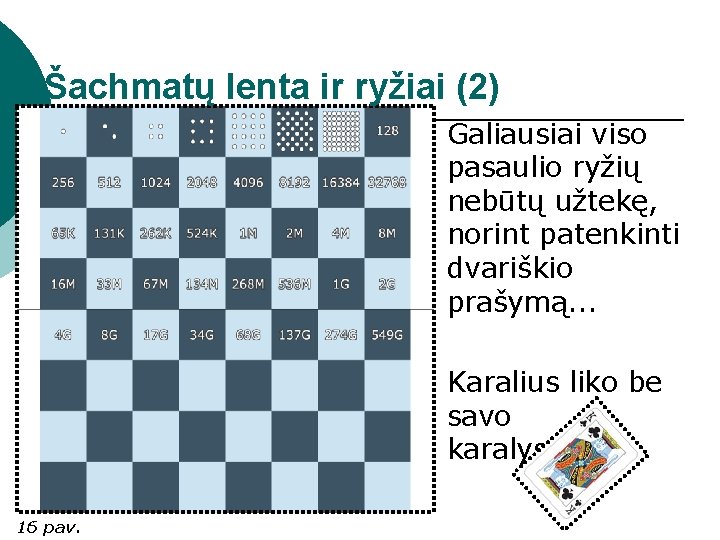 Šachmatų lenta ir ryžiai (2) Galiausiai viso pasaulio ryžių nebūtų užtekę, norint patenkinti dvariškio