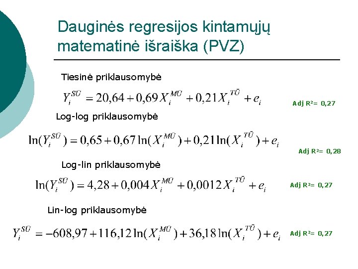Dauginės regresijos kintamųjų matematinė išraiška (PVZ) Tiesinė priklausomybė Adj R 2= 0, 27 Log-log