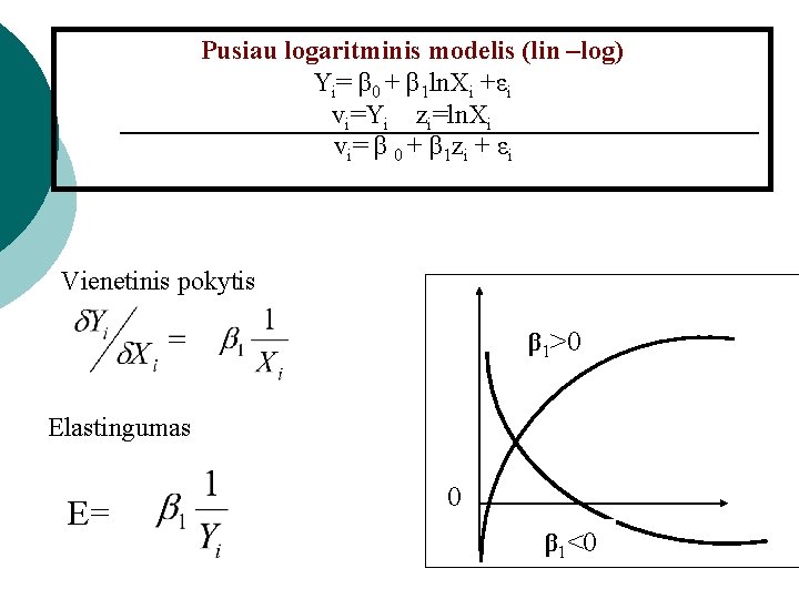 Pusiau logaritminis modelis (lin –log) Yi= β 0 + β 1 ln. Xi +εi