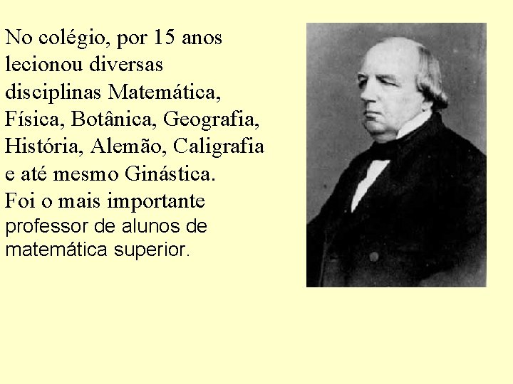 No colégio, por 15 anos lecionou diversas disciplinas Matemática, Física, Botânica, Geografia, História, Alemão,