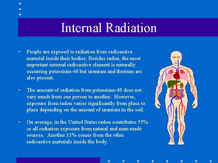Internal Radiation • People are exposed to radiation from radioactive material inside their bodies.