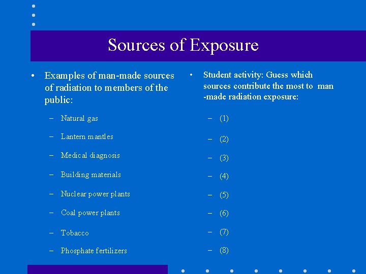 Sources of Exposure • Examples of man-made sources of radiation to members of the