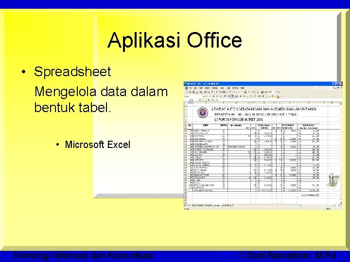 Aplikasi Office • Spreadsheet Mengelola data dalam bentuk tabel. • Microsoft Excel Teknologi Informasi