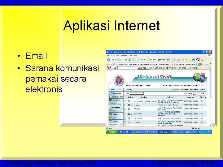 Aplikasi Internet • Email • Sarana komunikasi pemakai secara elektronis Teknologi Informasi dan Komunikasi