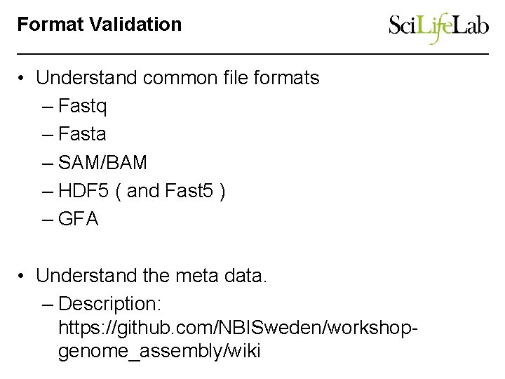 Format Validation • Understand common file formats – Fastq – Fasta – SAM/BAM –