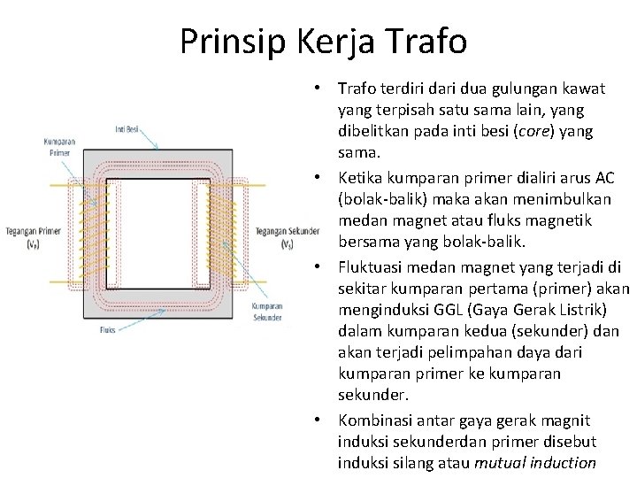 Prinsip Kerja Trafo • Trafo terdiri dari dua gulungan kawat yang terpisah satu sama Prinsip Kerja Trafo • Trafo terdiri dari dua gulungan kawat yang terpisah satu sama