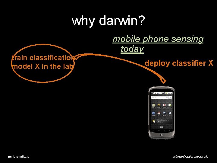 why darwin? train classification model X in the lab Emiliano Miluzzo mobile phone sensing