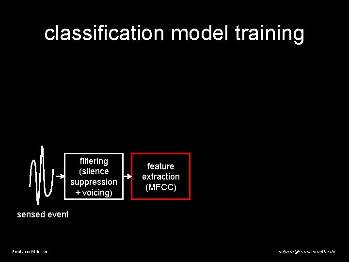 classification model training filtering (silence suppression + voicing) feature extraction (MFCC) sensed event Emiliano