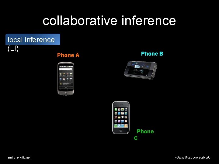 collaborative inference local inference (LI) Phone A Phone B Phone C Emiliano Miluzzo miluzzo@cs.