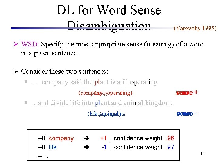DL for Word Sense Disambiguation (Yarowsky 1995) Ø WSD: Specify the most appropriate sense