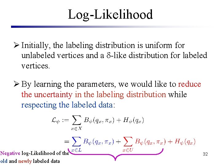 Log-Likelihood Ø Initially, the labeling distribution is uniform for unlabeled vertices and a -like