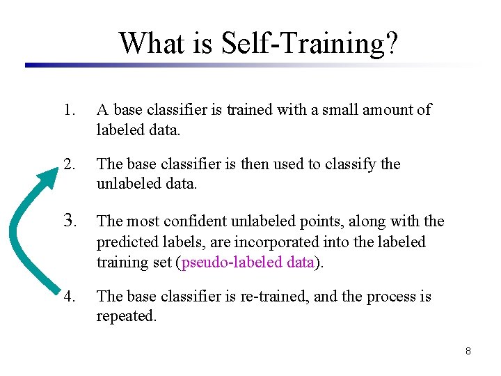 What is Self-Training? 1. A base classifier is trained with a small amount of