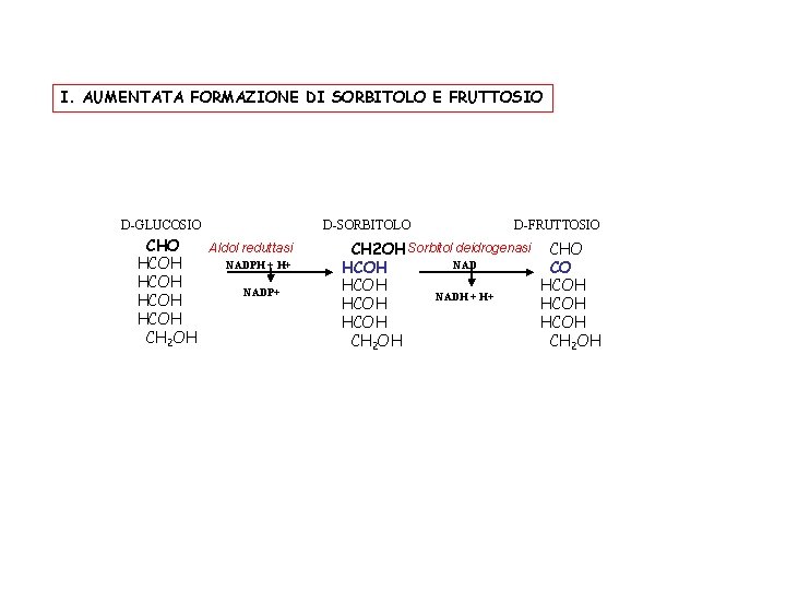 I. AUMENTATA FORMAZIONE DI SORBITOLO E FRUTTOSIO D-GLUCOSIO CHO Aldol reduttasi NADPH + H+