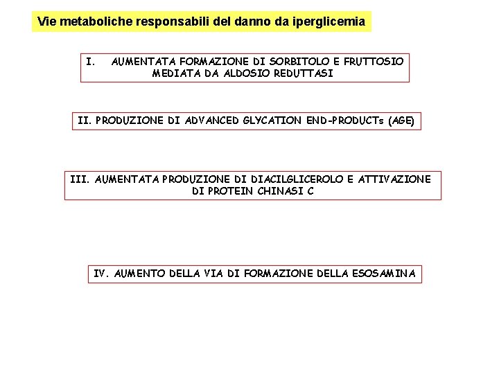 Vie metaboliche responsabili del danno da iperglicemia I. AUMENTATA FORMAZIONE DI SORBITOLO E FRUTTOSIO