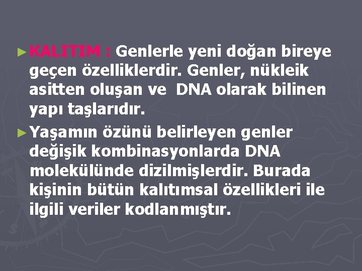 ► KALITIM : Genlerle yeni doğan bireye geçen özelliklerdir. Genler, nükleik asitten oluşan ve