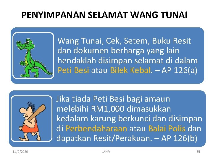 PENYIMPANAN SELAMAT WANG TUNAI Wang Tunai, Cek, Setem, Buku Resit dan dokumen berharga yang