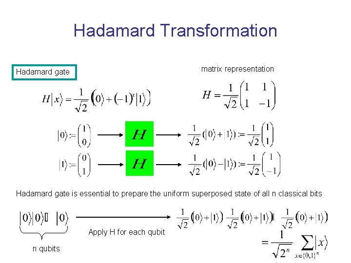 Hadamard Transformation matrix representation Hadamard gate is essential to prepare the uniform superposed state
