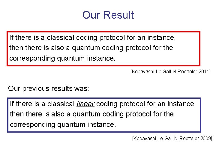 Our Result If there is a classical coding protocol for an instance, then there
