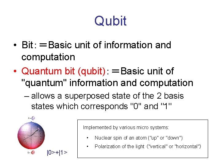 Qubit • Bit：＝Basic unit of information and computation • Quantum bit (qubit)：＝Basic unit of