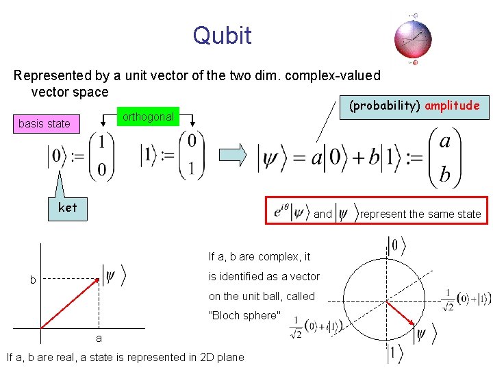 Qubit Represented by a unit vector of the two dim. complex-valued vector space (probability)