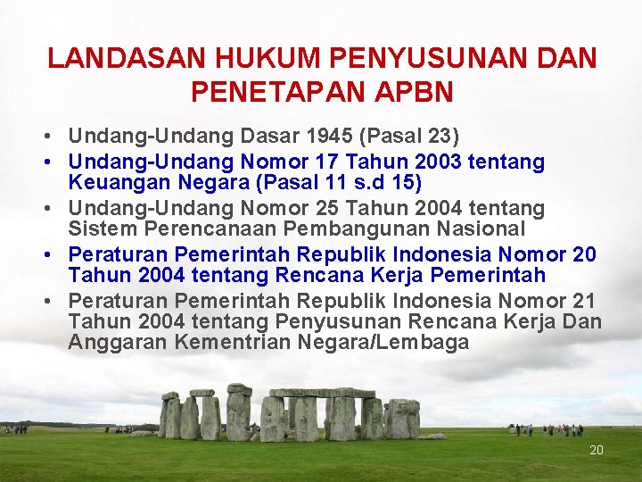 LANDASAN HUKUM PENYUSUNAN DAN PENETAPAN APBN • Undang-Undang Dasar 1945 (Pasal 23) • Undang-Undang