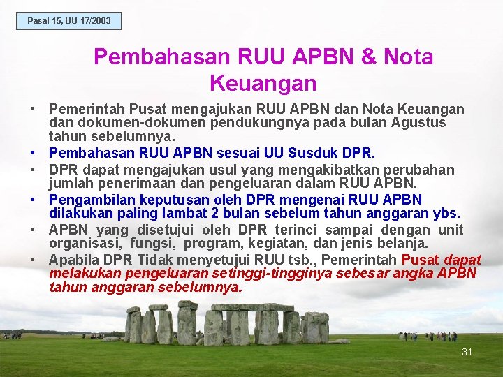 Pasal 15, UU 17/2003 Pembahasan RUU APBN & Nota Keuangan • Pemerintah Pusat mengajukan