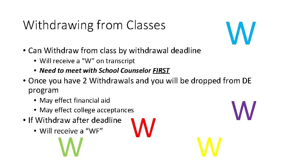 Withdrawing from Classes • Can Withdraw from class by withdrawal deadline W • Will