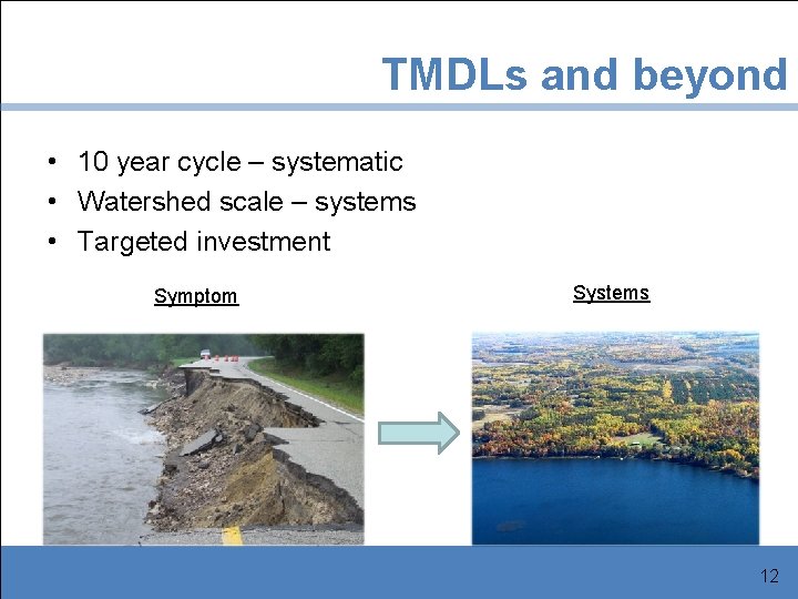 TMDLs and beyond • 10 year cycle – systematic • Watershed scale – systems