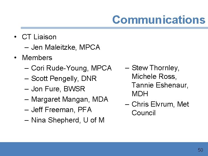 Communications • CT Liaison – Jen Maleitzke, MPCA • Members – Cori Rude-Young, MPCA