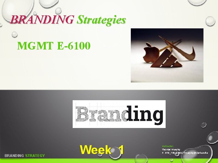 BRANDING Strategies MGMT E-6100 BRANDING STRATEGY Week 1 Instructor: Thomas Murphy P. 978_760_1388/ Tmurphy@clarku.