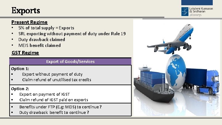 Exports Present Regime • • 5% of total supply = Exports SRL exporting without
