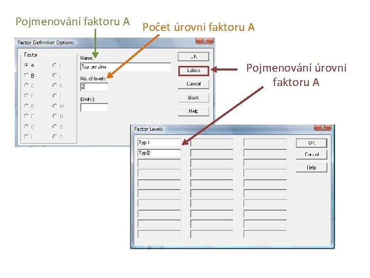 Pojmenování faktoru A Počet úrovni faktoru A Pojmenování úrovni faktoru A 