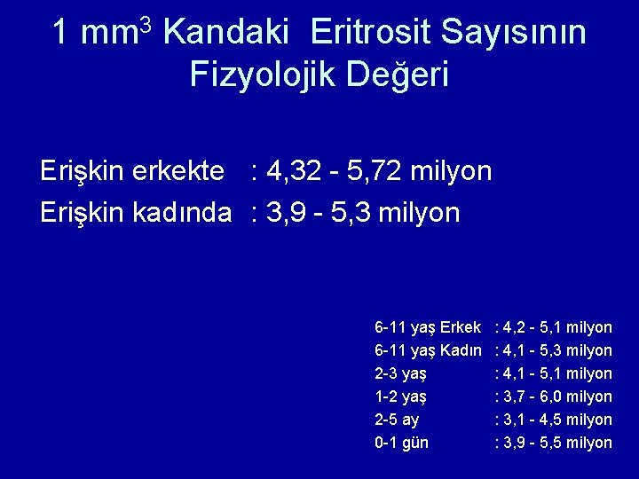 1 mm 3 Kandaki Eritrosit Sayısının Fizyolojik Değeri Erişkin erkekte : 4, 32 - 1 mm 3 Kandaki Eritrosit Sayısının Fizyolojik Değeri Erişkin erkekte : 4, 32 -