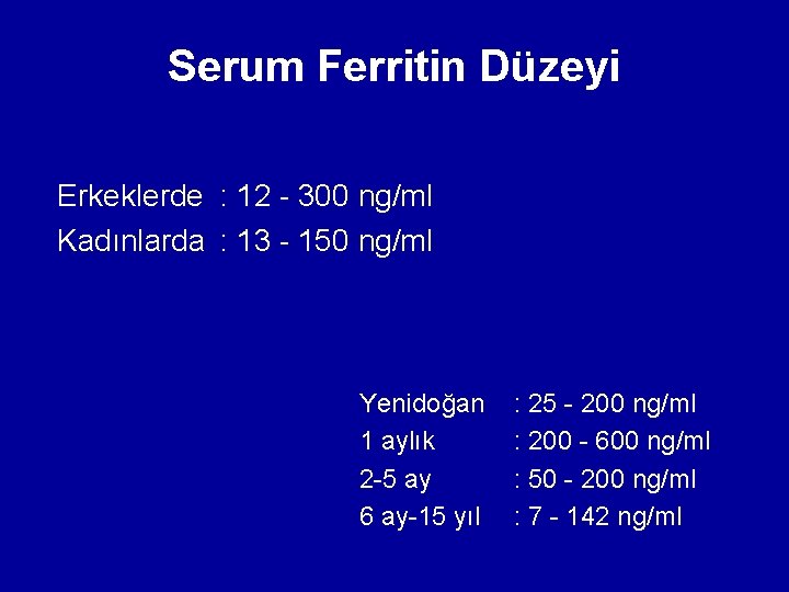 Serum Ferritin Düzeyi Erkeklerde : 12 - 300 ng/ml Kadınlarda : 13 - 150 Serum Ferritin Düzeyi Erkeklerde : 12 - 300 ng/ml Kadınlarda : 13 - 150