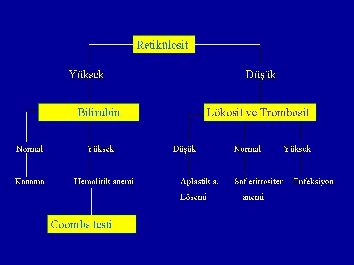 Retikülosit Yüksek Düşük Bilirubin Normal Kanama Yüksek Hemolitik anemi Lökosit ve Trombosit Düşük Aplastik Retikülosit Yüksek Düşük Bilirubin Normal Kanama Yüksek Hemolitik anemi Lökosit ve Trombosit Düşük Aplastik