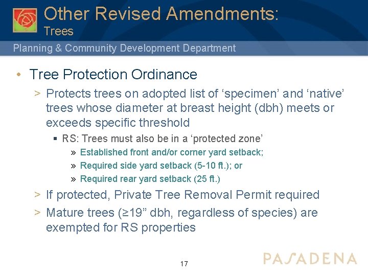 Other Revised Amendments: Trees Planning & Community Development Department • Tree Protection Ordinance >