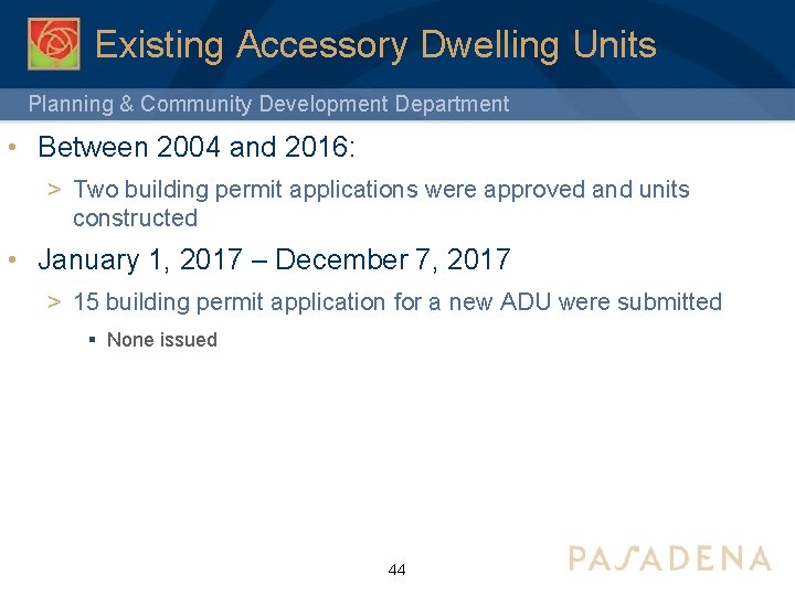 Existing Accessory Dwelling Units Planning & Community Development Department • Between 2004 and 2016: