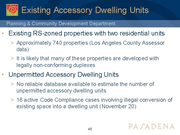 Existing Accessory Dwelling Units Planning & Community Development Department • Existing RS-zoned properties with